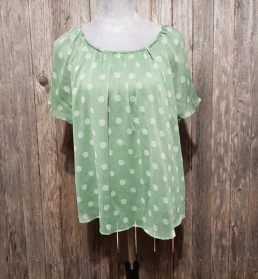 LC Lauren Conrad L Top Blouse Green Dot Short Sleeve Flowy Tie Back Women's - Image 1 of 4