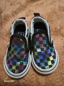 Vans Iridescent Rainbow Black Checkerboard Skate Shoes Slip On Toddler Size 4.0 - Picture 1 of 6