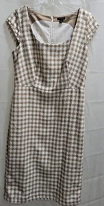 Ann Taylor Damen hellbraun/weiß Gingham Tweed ausgefranster U-Ausschnitt Etui Größe 4 - Bild 1 von 7