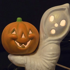 13" Vintage Ceramic Halloween Ghost Pumpkin Light Lamp 1970s Works Great Retro - Picture 1 of 18