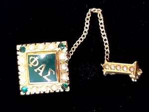 *Vintage 14K Yellow Gold Fraternity Phi Alpha Sigma Emerald Double Pin Brooch** - Picture 1 of 15