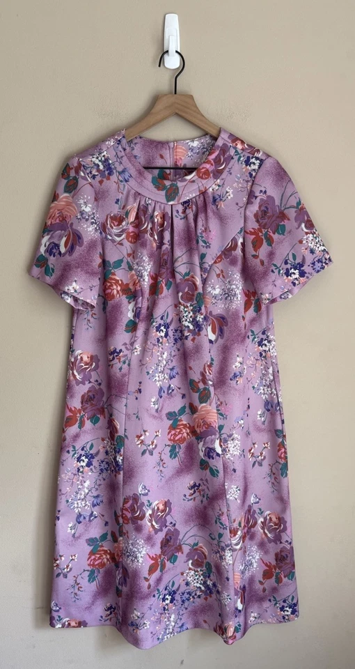 Dress Vintage Floral 70s 80s Shift Secretary Poly Knit Womens Size XL Vtg - Image 1 of 4