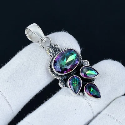 Topazio Mistico Gemma Ciondolo 925 Argento Sterling Artigianale Gioiello Per Amo - Immagine 1 di 4