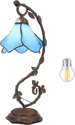 Tiffany Lamp Blue Stained Glass Table Lamp, Metal Leaf Table Desk Reading Light - Image 1 of 4