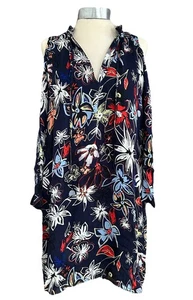 Parker Navy Multi Coloured Floral Print Short Silk Dress + Cold Shoulder M 12-14 - Picture 1 of 19