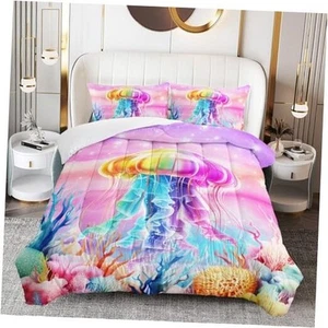 Fantasy Pink Jellyfish Bedding Comforter Set Full Size, Colorful Ocean Starry - Picture 1 of 8