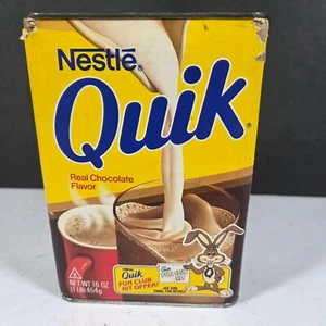 Vintage 1980s NESTLE QUIK Chocolate Milk Tin Metal Container 16oz Fun Club - Picture 1 of 10