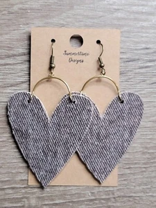 GENUINE Leather Backed Faded Black Denim Heart Earrings 3.5" - Picture 1 of 1