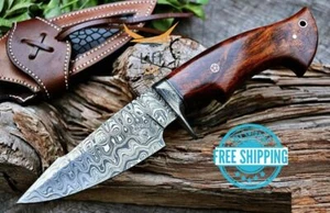 Custom Handmade Damascus Steel Bowie Hunting Knife Natural Wood Handle W/Sheath  - Picture 1 of 7