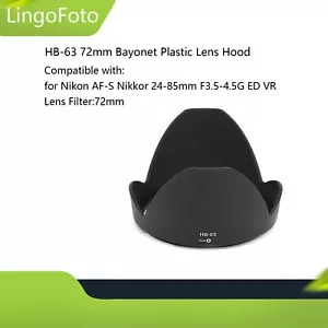 HB-63 72mm Plastic Lens Hood for Nikon AF-S Nikkor 24-85mm F3.5-4.5G ED VR - Picture 1 of 9