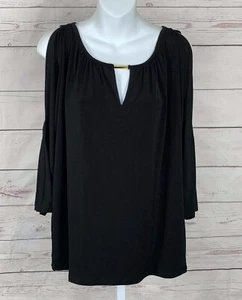 NWT Michael Kors Keyhole Cold Shoulder Knit Top Sz L Black 3/4 Sleeve - Picture 1 of 7
