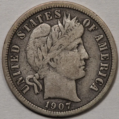 1907-D Barber Dime Fine Condition Close to VF Cover