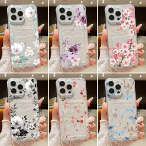 ShockProof Clear Flower Case With Card Slot Cover For iPhone 16 Pro Max 15 14 13 - Picture 1 of 17