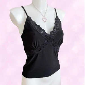 Jane Norman Black Lace Cami Top Semi Crop Y2k 2000s Summer - Picture 1 of 8