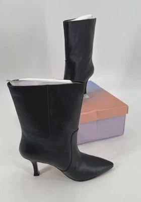 Lisa Vicky 女式靴子黑色皮革尖头细高跟鞋中筒 10 码 — 第 1/4 张图片