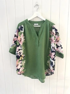 Sussan Linen Blouse Top Size 12 Green Floral V Neck Roll Tab Short Sleeve - Picture 1 of 12