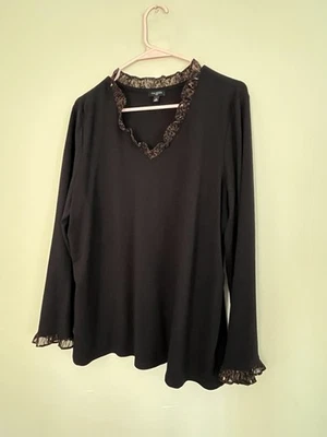 Talbots 1X Black Blouse Leopard Ruffle Collar And Cuffs. - Image 1 of 4