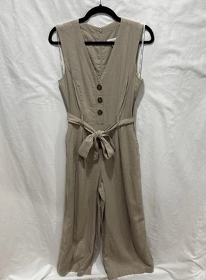 Calvin Klein 亚麻混纺无袖连身裤 6 灰褐色宽腿腰带口袋 — 第 1/4 张图片