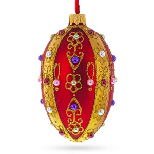 Jeweled Red Royal Inspired Glass Egg Ornament 4 Inches - Picture 1 of 5