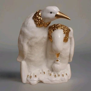 Glazed White Porcelain Penguins w/Gold Trim 3 Penguin Family - Picture 1 of 7