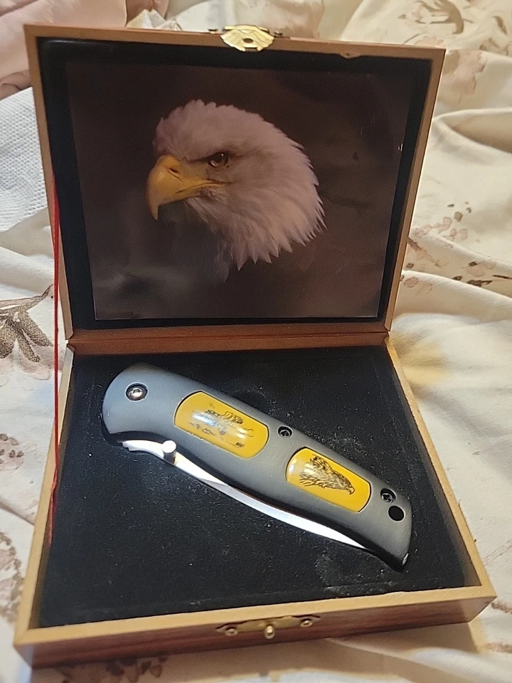 Navaja de bolsillo American Bald Eagle en vitrina de madera inoxidable 440 Foto 1 de 4