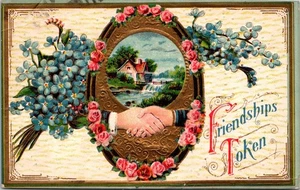 Vintage 1910er geprägte Postkarte Freundschaften Medaille Blumen Landhaus Deutschland Szene - Bild 1 von 2