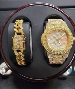 JUEGO DE PULSERA Y RELOJ CUBANO DE CIRCONIA CÚBICA DE LUJO ESTILO BLING PARA HOMBRES/MUJERES - Imagen 1 de 4