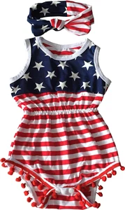 4Th of July Toddler Baby Girl American Flag Tassel Romper with Headband - Picture 1 of 12
