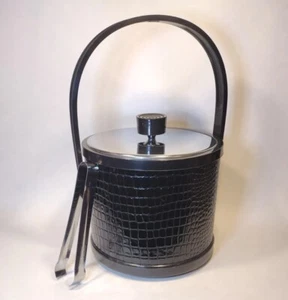 Vintage Ice Bucket Black & Chrome Faux Alligator Lightweight Atapco USA - Picture 1 of 12