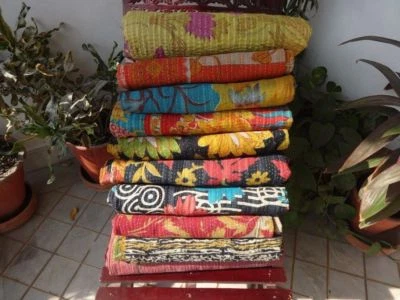 Edredón de algodón retazos tamaño doble Kantha Ralli vintage sari indio hecho a mano Foto 1 de 4