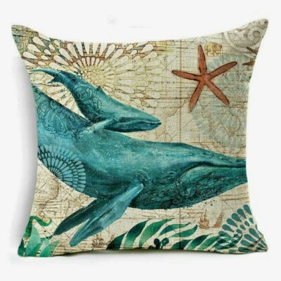 Orca, travesseiro de praia, praia oceânica, linho de algodão, capa de travesseiro, baleia 18 x 18 - Imagem 1 de 2