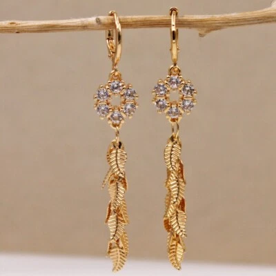 New 18K Yellow Gold Filled Clear CZ Flower Mini Hoop Leaf Tassel Dangle Earrings - Image 1 of 4