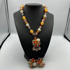 Vintage orange and blue glass 1960s Germany Necklace and earrings set - Picture 1 of 10