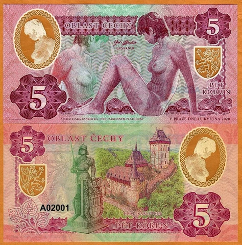 Bohemia, 5 Korun, Private Issue Essay, 2020 Nude Allegory, Clear Window Polymer Cover