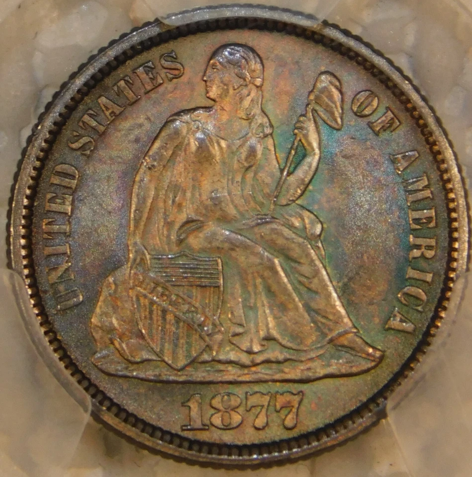 1877 CC Liberty Seated Dime Certified PCGS MS65 Toned CAC Silver - Image 1 of 4