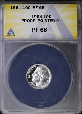 1964 Proof Silver Roosevelt Dime 10C ANACS PF 68 | Pointed 9 PR - Image 1 of 4