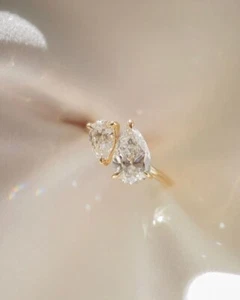 3.00CT Pear Cut Real Moissanite Toi Et Moi Wedding Ring 14k Yellow Gold Plated - Picture 1 of 4