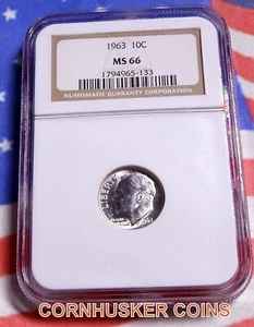 1963 ROOSEVELT SILVER DIME NGC MS 66~ BRIGHT WHITE GEM ~ FREE SHIPPING - Picture 1 of 2