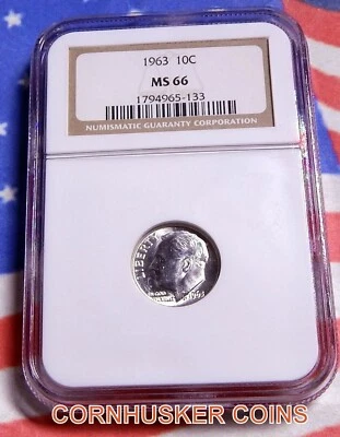 1963 ROOSEVELT SILVER DIME NGC MS 66~ BRIGHT WHITE GEM ~ FREE SHIPPING - Image 1 of 2