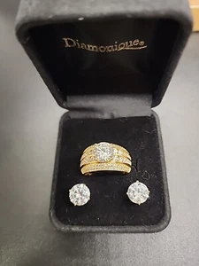 White Cubic Zirconia 18k Yellow Gold Over Sterling Silver Ring W/Earrings Set - Picture 1 of 13
