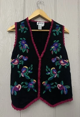 Винтажный цветной цветочный вышитый вязаный свитер жилет на пуговицах размер средний - Изображение 1 из 4