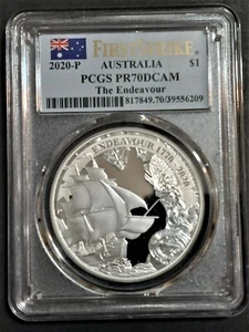 2020-P AUSTRALIA The ENDEAVOUR 1 oz SILVER COIN PCGS PR70 FIRST STRIKE BOX & COA - Picture 1 of 9