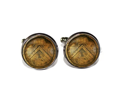 Greek Spartan Shield Design Handmade Round Glass Cufflinks Gift Him Holidays - Image 1 of 3