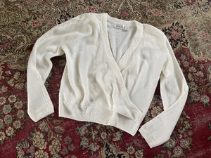 Vintage ‘80s ‘90s Wrap Sweater Ivory Lambswool & Angora V Neck Pullover M - Picture 1 of 8