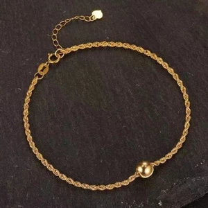 18K Solid Gold Twist Chain Bracelet Cat eye Bead Beautiful Charm Jewelry 7.1" - Picture 1 of 12