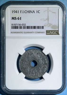 French Indo-China 1941 1 Cent WWII Vichy Issue France Vietnam Zinc Coin NGC MS61 - Image 1 of 2