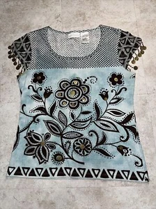 Vtg Special SOFT SURROUNDINGS Blue Brown Floral Sequin + Metal Tassel T-Shirt M - Picture 1 of 9