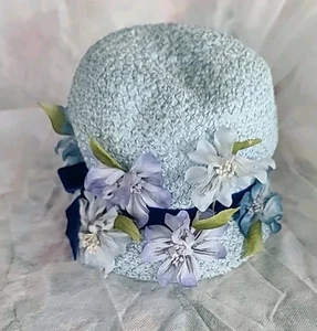 Vintage Light Blue Hat With Velvet Dark Blue Ribbon And Faux Flowers - Picture 1 of 10