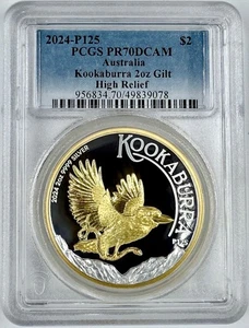 2024 P125 Australia $2 Kookaburra 2 Oz Gilt Silver Coin High Relief PCGS PR70 - Picture 1 of 2