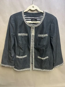 NWT $159 Talbots Dark Denim Cotton Blend Jacket w/ Tweed Trim + Pockets Size 16 - Picture 1 of 4